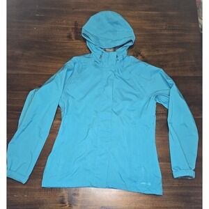Merrell Opti-Shell Womens Medium Hooded Rain Jacket Teal Green Pocket Zip Arms